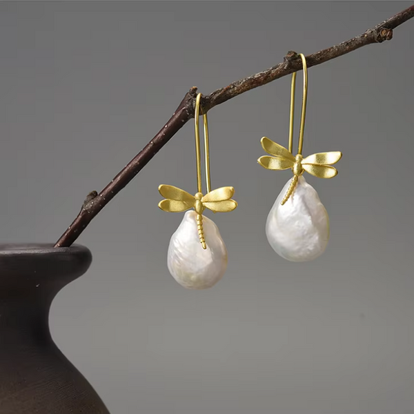 Dragonfly Pearl Drop Earrings