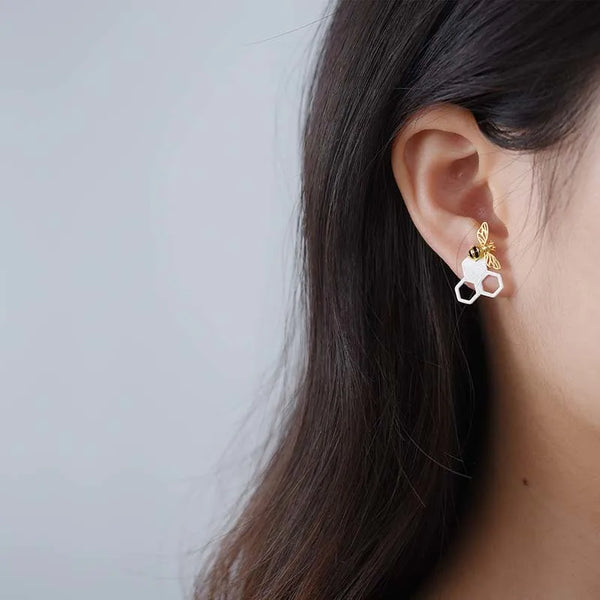 Honeycomb Bee Gold Stud Earrings