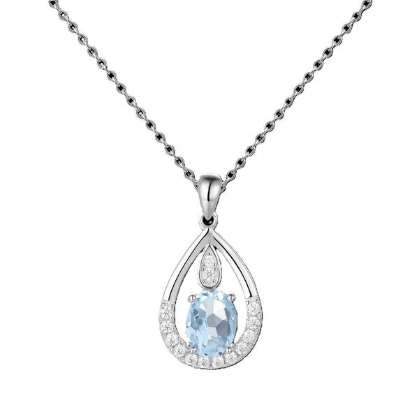 Teardrop-shaped pendant with a blue gemstone and diamond accents on a white background