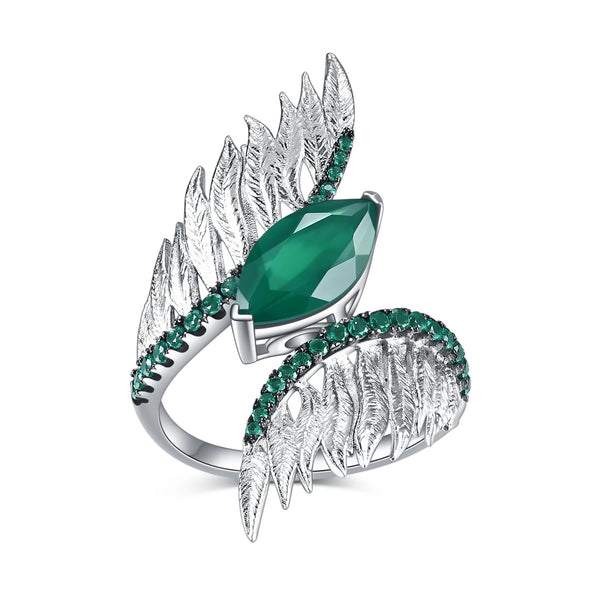 Elegant Green Agate Feather Ring
