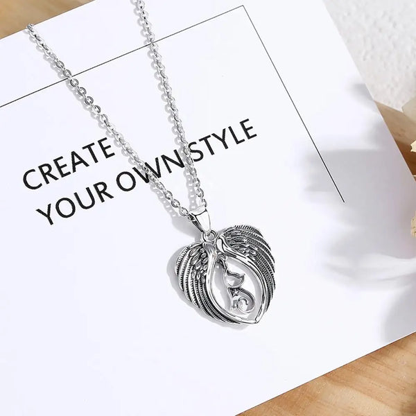 Cat & Angel Wing Heart Pendant