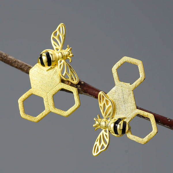 Honeycomb Bee Gold Stud Earrings