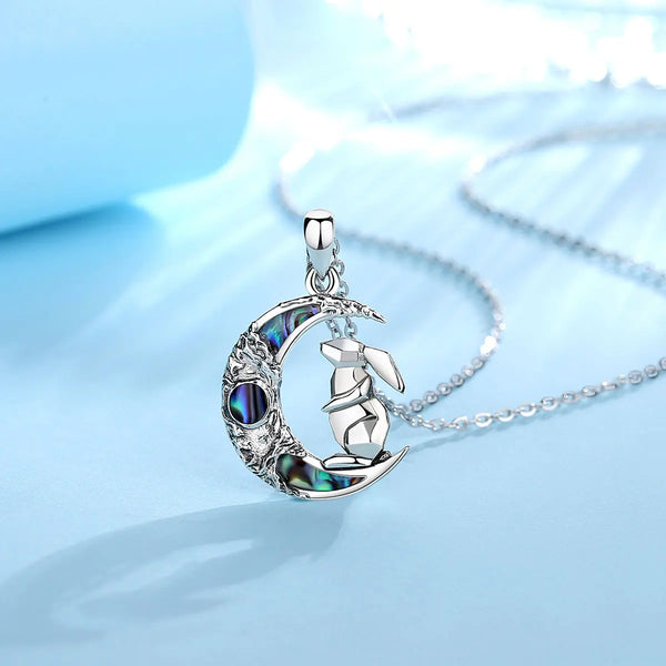 Silver Abalone Moon Bunny Necklace