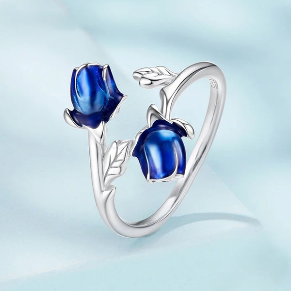 3D Blue Enamel Rose Open Ring