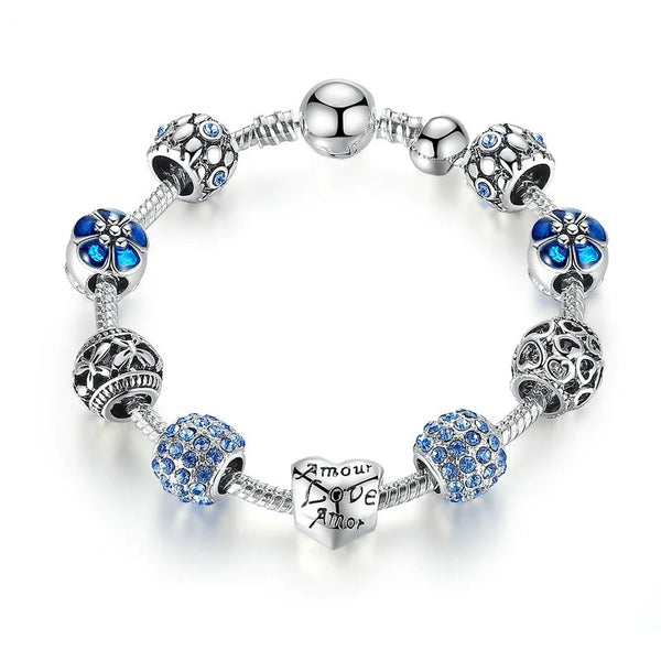 Silver Charm Bracelet with Love Beads