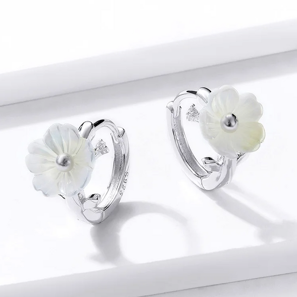 White Shell Flower Huggie Hoops