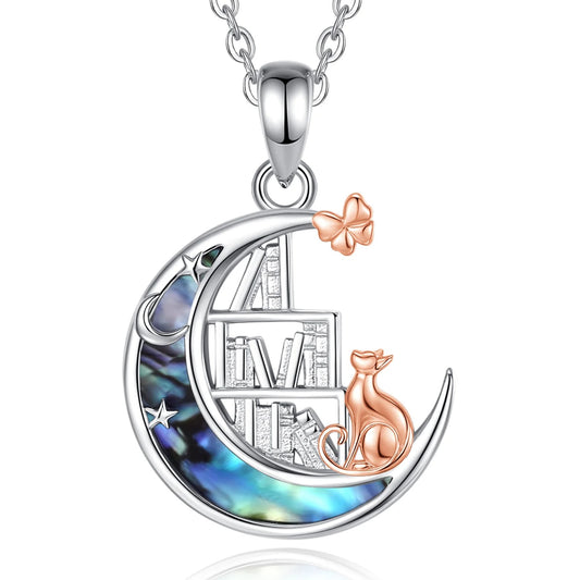 Cat & Bookshelf Abalone Moon Pendant