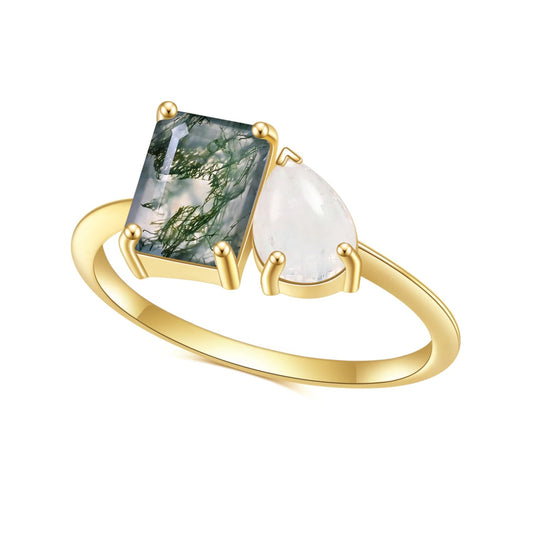 Moss Agate and Moonstone Toi et Moi Ring