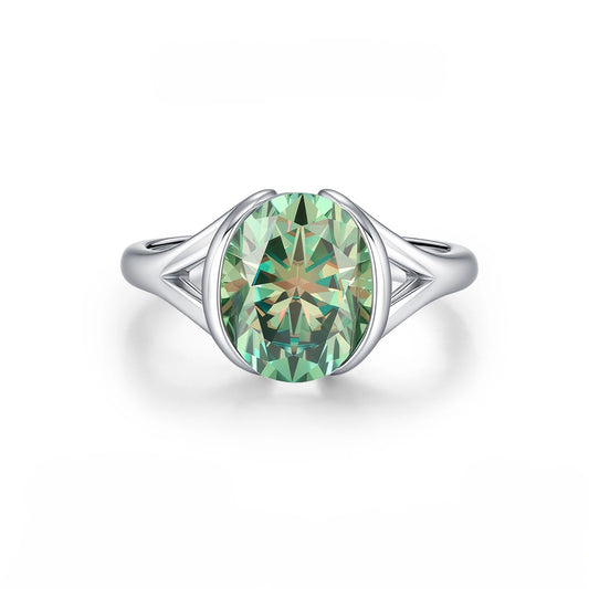 Bague de fiançailles ovale en moissanite verte (3,0 ct) avec corps de bague fendu