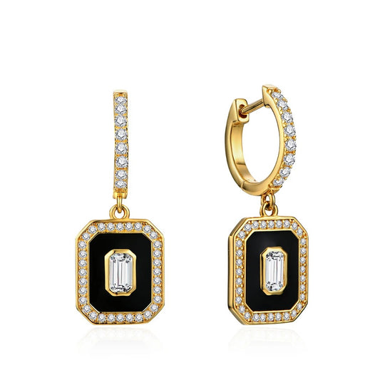 Octagon-Cut Black Enamel Moissanite Drop Earrings
