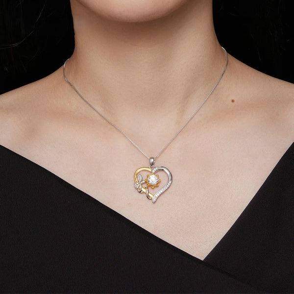 Two-Tone Floral Heart Moissanite Pendant Necklace