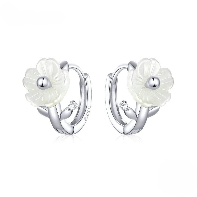 White Shell Flower Huggie Hoops