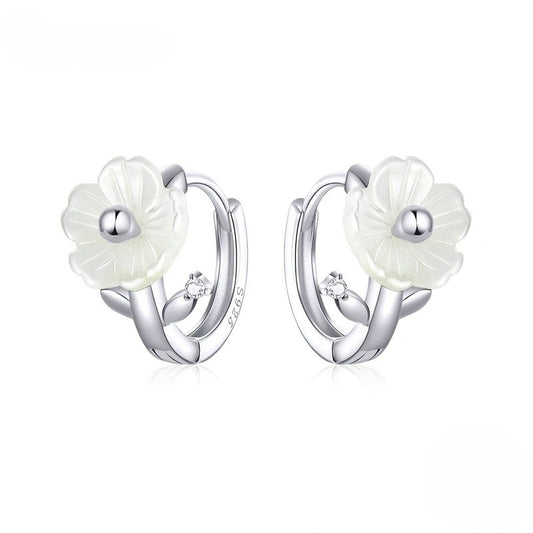 White Shell Flower Huggie Hoops