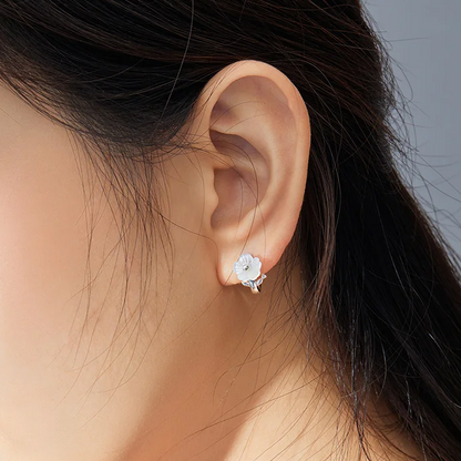White Shell Flower Huggie Hoops