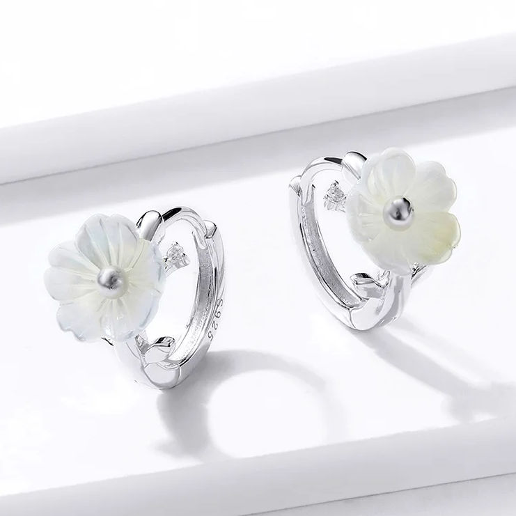 White Shell Flower Huggie Hoops