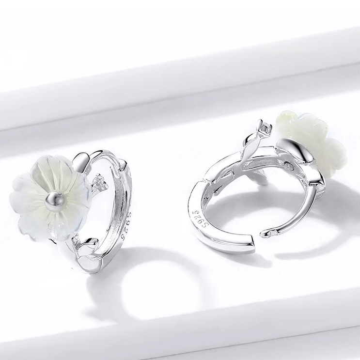 White Shell Flower Huggie Hoops
