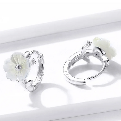 White Shell Flower Huggie Hoops