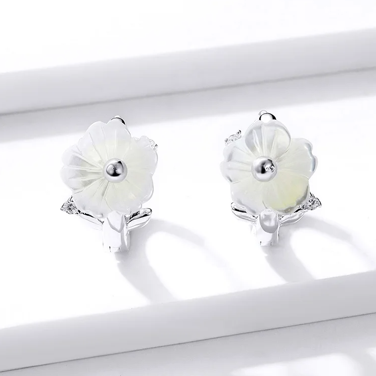 White Shell Flower Huggie Hoops