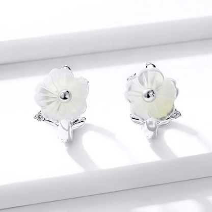 White Shell Flower Huggie Hoops