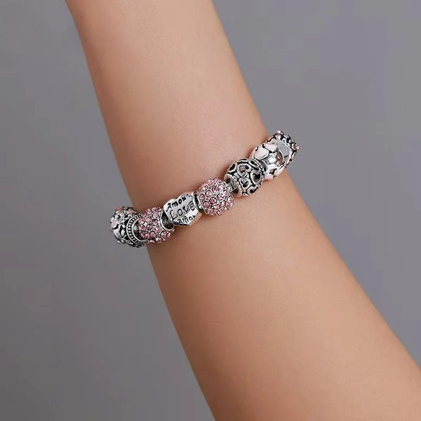 Silver Charm Bracelet with Love Beads