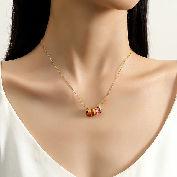 18K Gold Enamel Circle Pendant Necklace