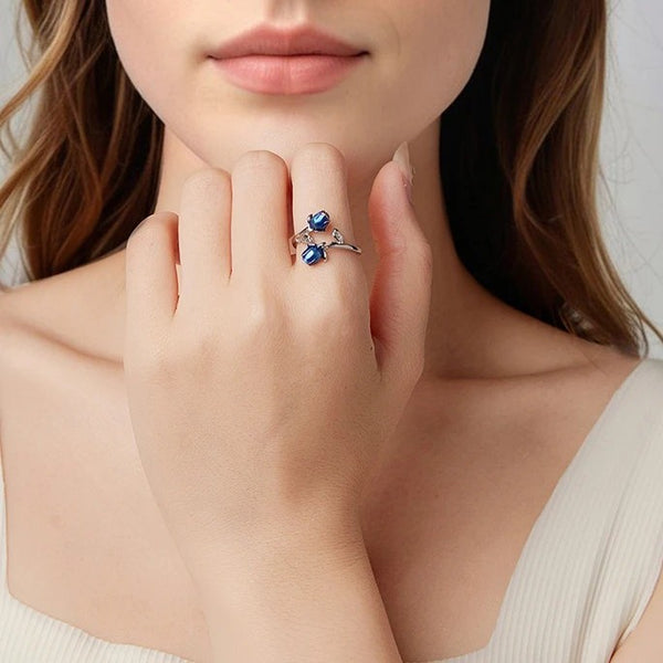 3D Blue Enamel Rose Open Ring