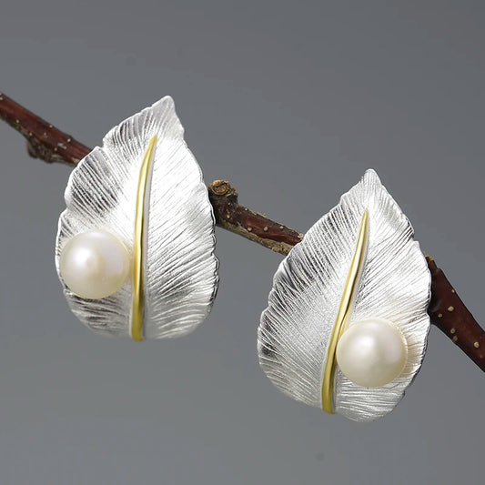 Leaf Pearl Stud Earrings