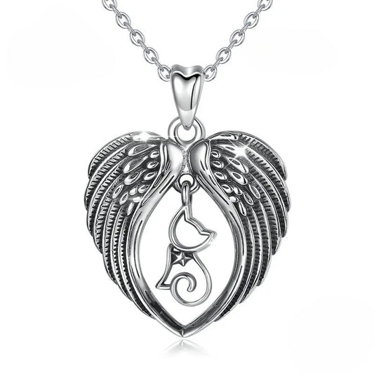 Cat & Angel Wing Heart Pendant