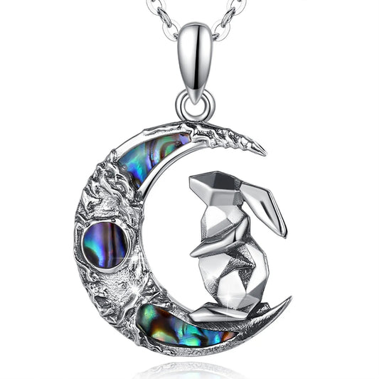 Silver Abalone Moon Bunny Necklace